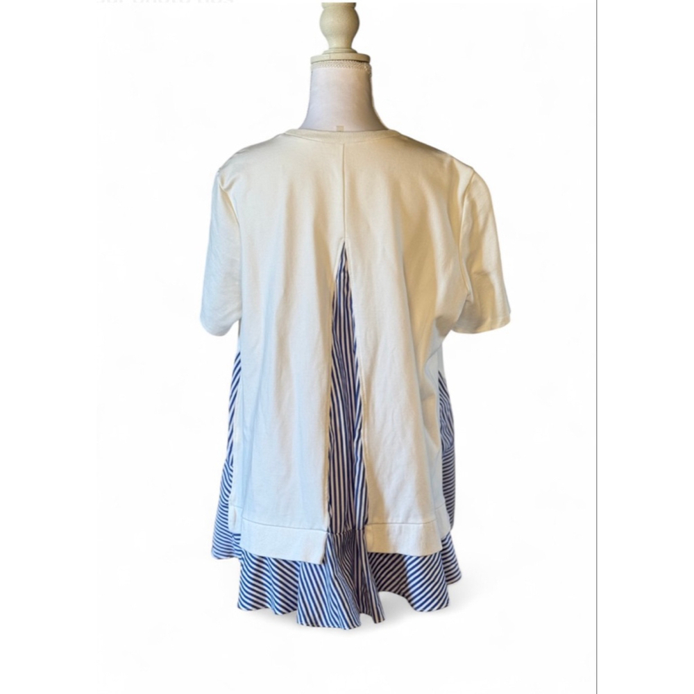 CQ by CQ White Tee Blue Stripe Ruffle Hem Top Size Large - Picture 2 of 4